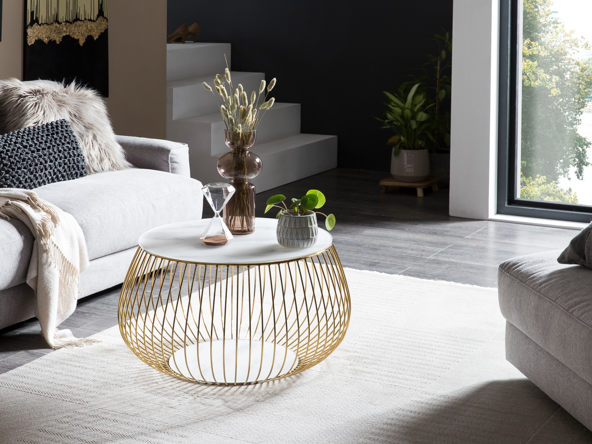 Couchtisch Ø72cm Metallkorb Beistelltisch Sofatisch Wohnzimmertisch weiß gold