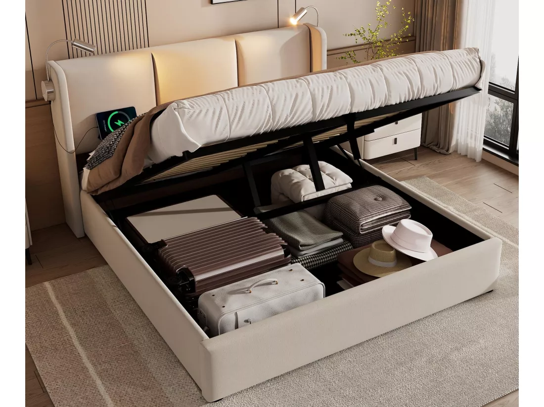 Lit coffre 160x200cm en lin - avec lampes de lecture et Ports de charge USB - avec sommier à lattes - Beige