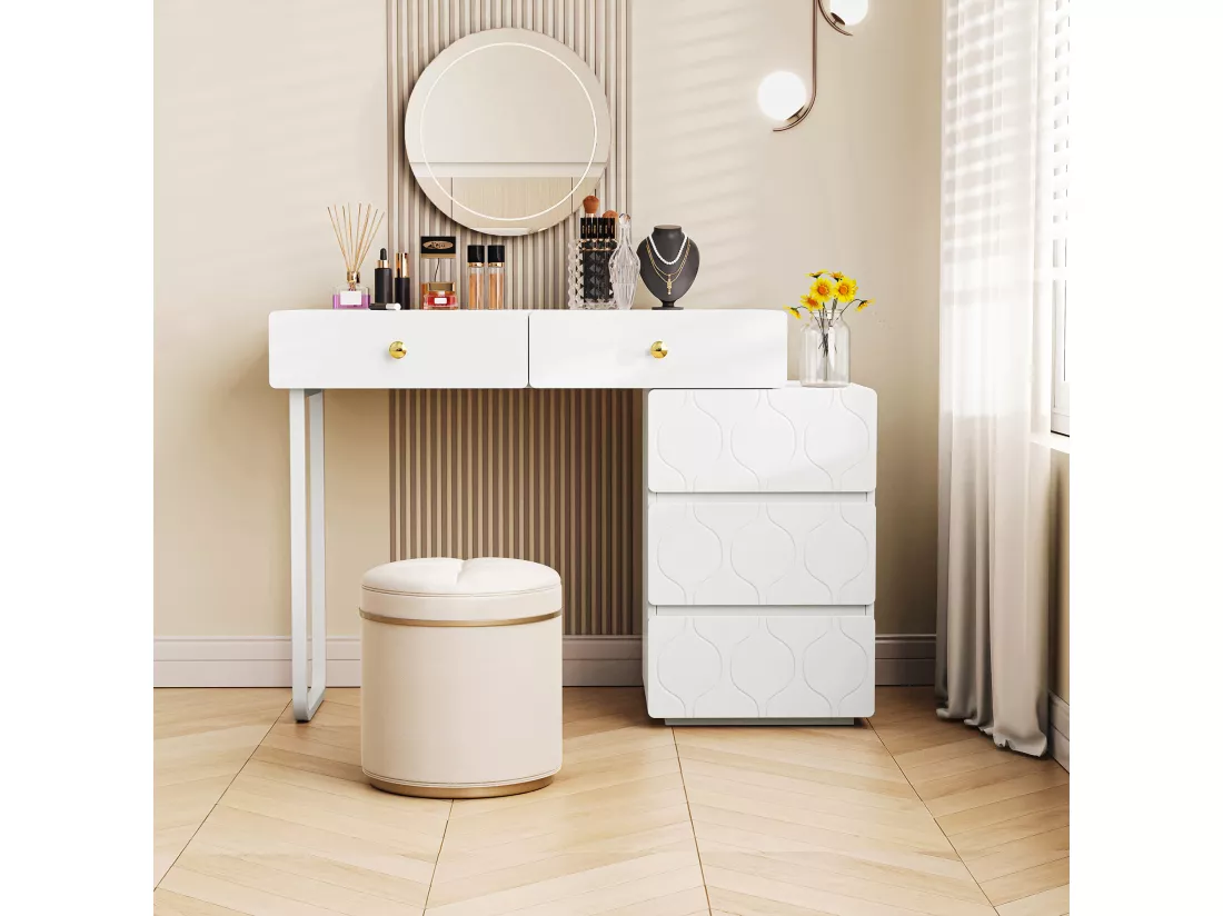 Coiffeuse avec 5 tiroirs et une porte - Sans miroir - 90 x 40 x 73,5 cm - Bois MDF - Blanc
