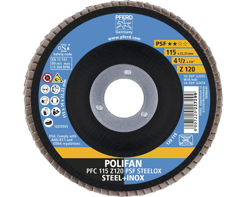 Slijpschijf, lamellenschijf PFERD PSF STEELOX staal/roestvast staal Ø 115x22,23 mm korrel 120