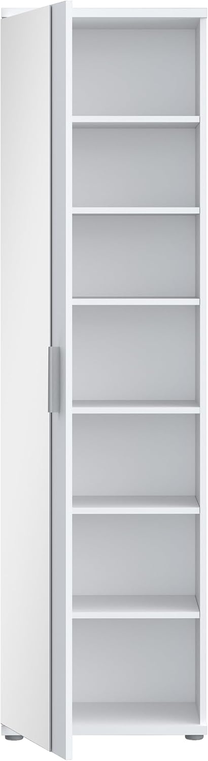 FORTE NET106 Schrank 50, Schuhschrank, Garderobenschrank, Abstellraum, Drehtürenschrank, 1-türig mit Einlegeböden, Weiß mit Spiegel, 50 cm breit x 180 cm hoch x 35 cm tief