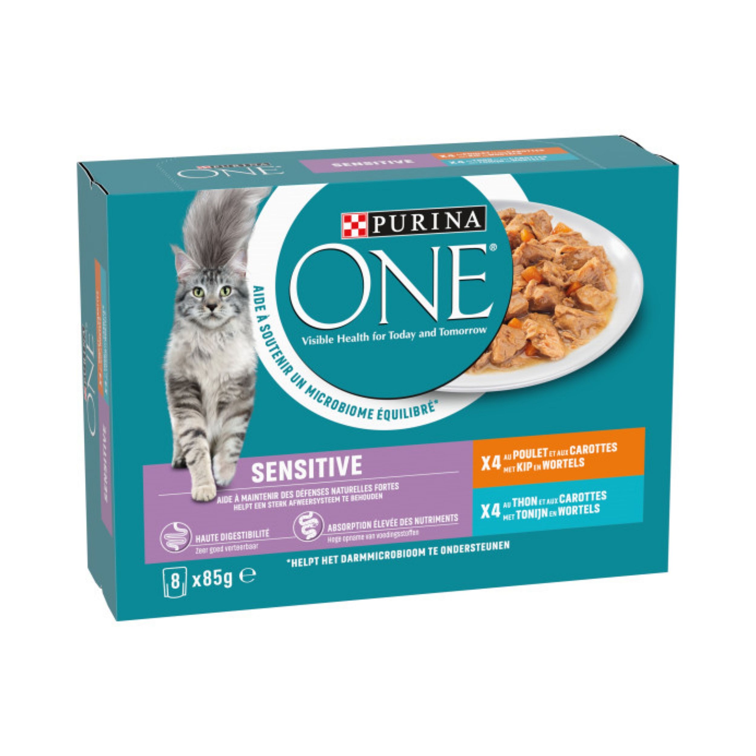 Purina One Sensitive Adult Kat | 8 x 85 gram maaltijdzakjes kip & tonijn | 15836.1