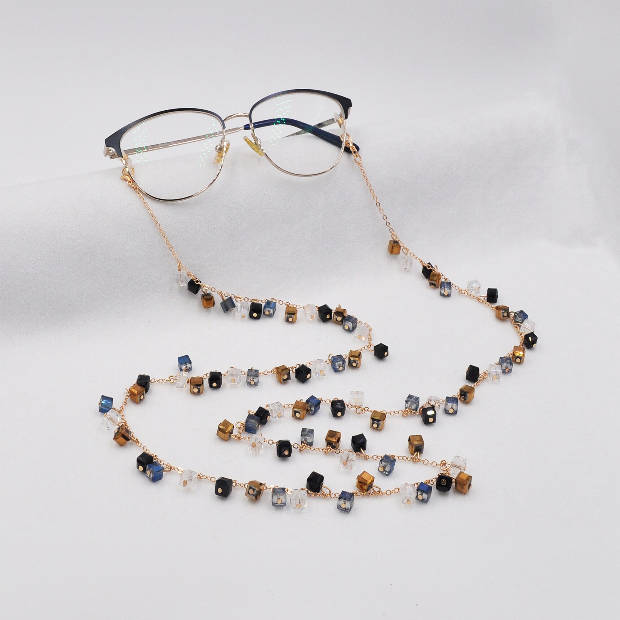 Steuer Modeschmuck Brillen-Kette Metall goldfarben 90cm lang mit mehrfarbigen Steinen