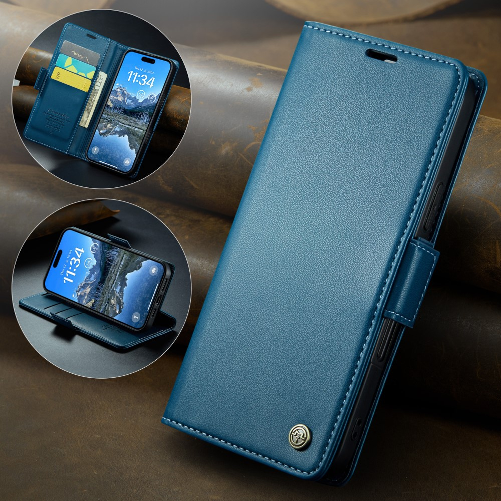 iPhone 16 Leder Tasche Flip Wallet Etui mit Kartenfächern Litchi Look (RFID Schutz) - Blaugrün