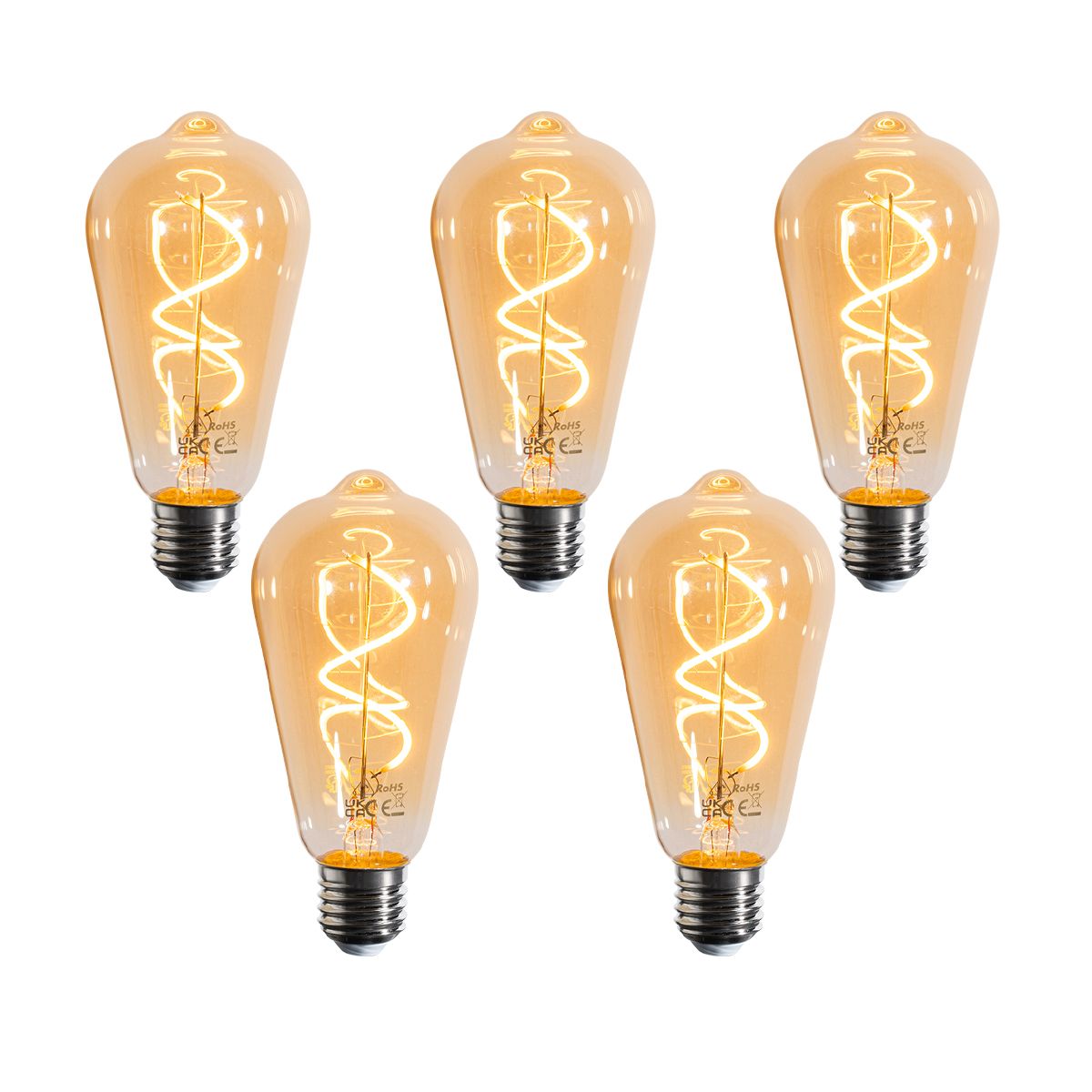 Set van 5 E27 dimbare LED lampen spiraal filament ST64 goud 4W 270 lm 2100K