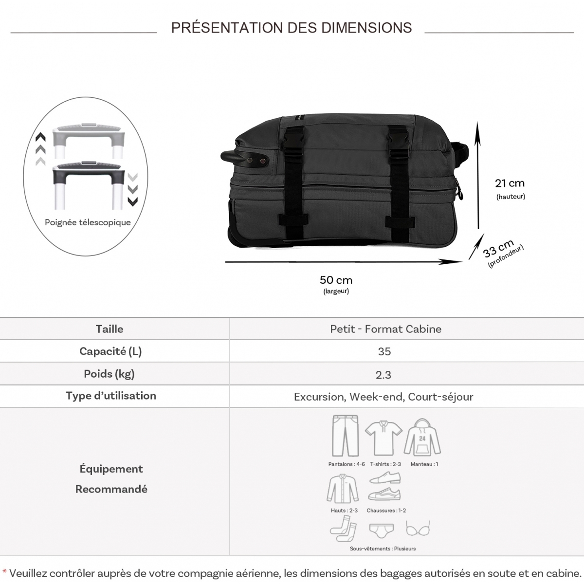 David Jones Sac de voyage cabine à roulettes 35L double compartiment David Jones taille S 50cm