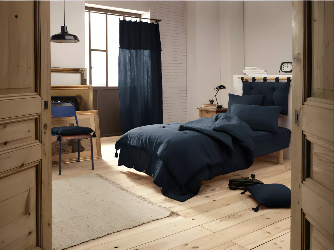 Housse de couette gaze de coton double 140 x 200 cm bleu nuit - PEPA 1