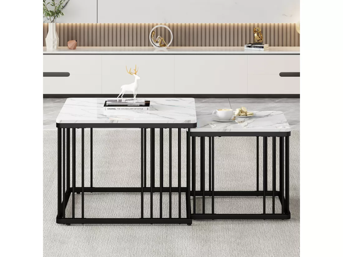 Lot de 2 tables basses gigognes en forme carrée - 60x60x45cm +45x45x40cm - Motif à marbre - Bois MDF et métal - Blanc + noir