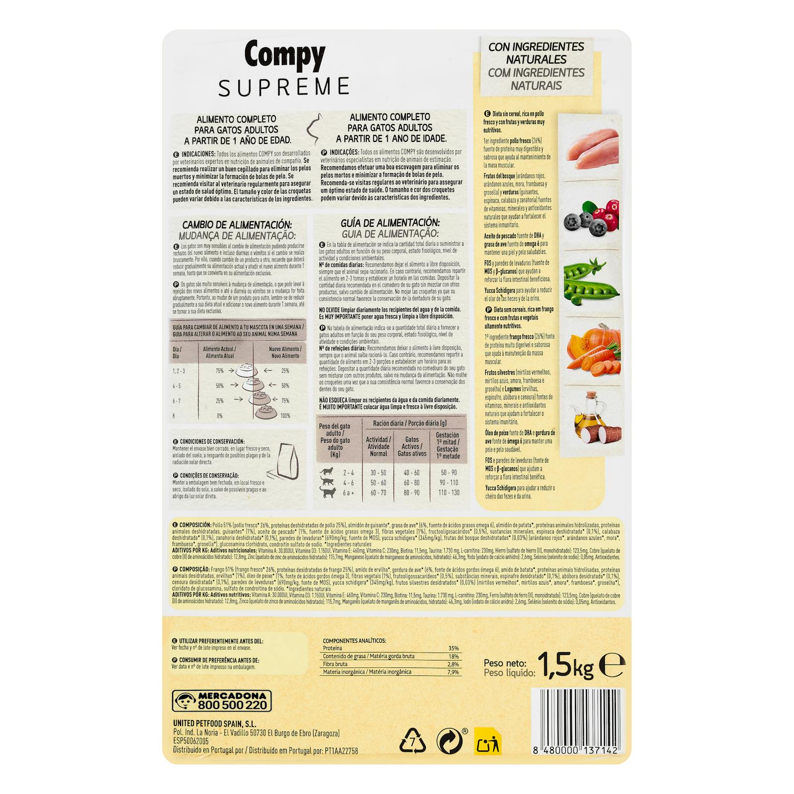 Nourriture pour chat adulte Supreme Compy au poulet, fruits et légumes