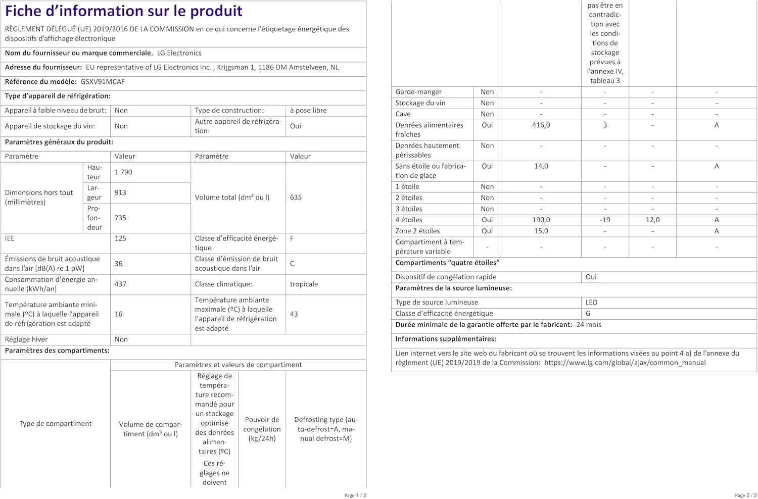 LG GSXV91MCAF Réfrigérateur combiné - Side by Side, 635L, InstaView, Total No-Frost, Compartiment congélation, Distributeur d'eau et glace UVnano, Compresseur Inverter Linear, Wi-Fi, Noir, Classe F