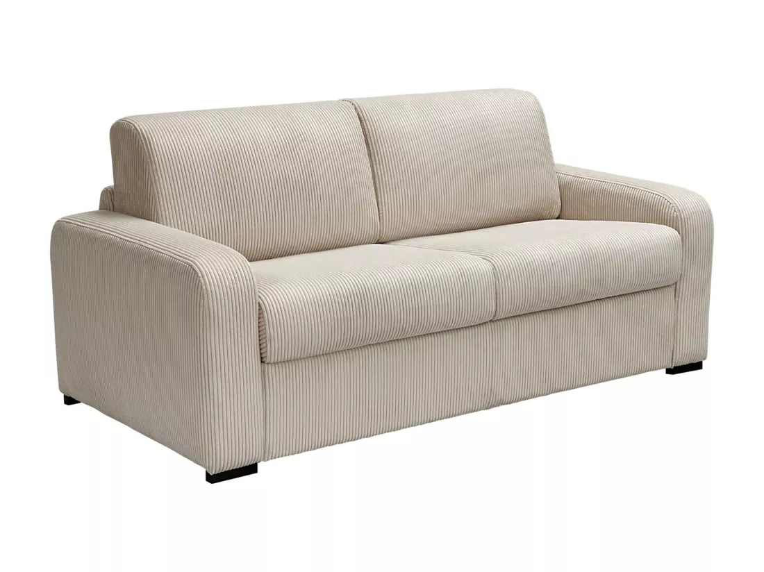 Canapé 3 places convertible express en velours côtelé beige - Couchage 140 cm - Matelas 13 cm - BEVIS