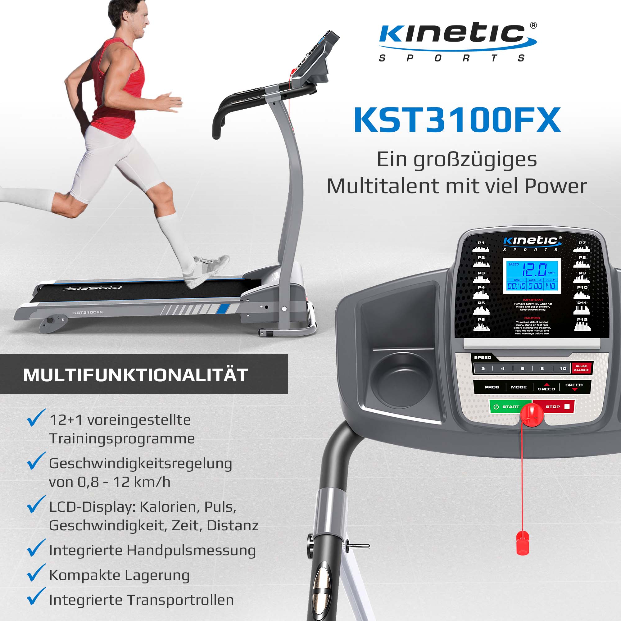 KINETIC SPORTS Laufband KST3100FX mit 1100 Watt leiser Elektromotor - Stufenlos bis 12 km/h, 12 Programme für Geh- und Lauftraining, Tablethalterung mit LCD-Display, max. Belastung 125 kg | Standard
