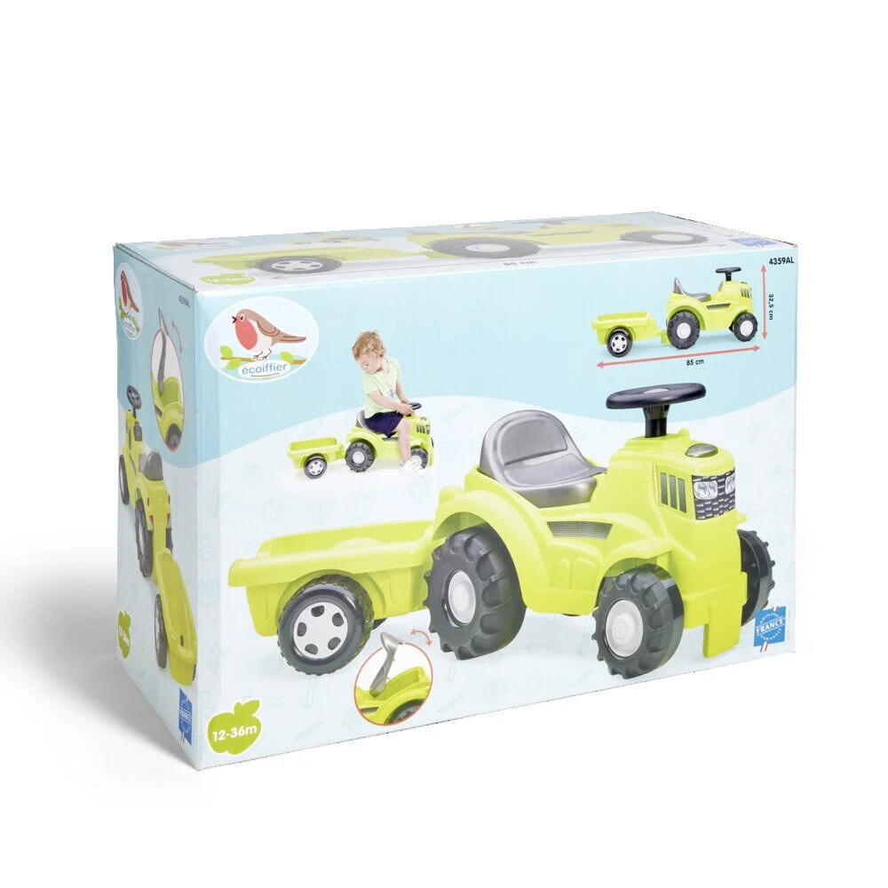 Porteur tracteur enfant avec remorque plastique vert 85x32,5cm
