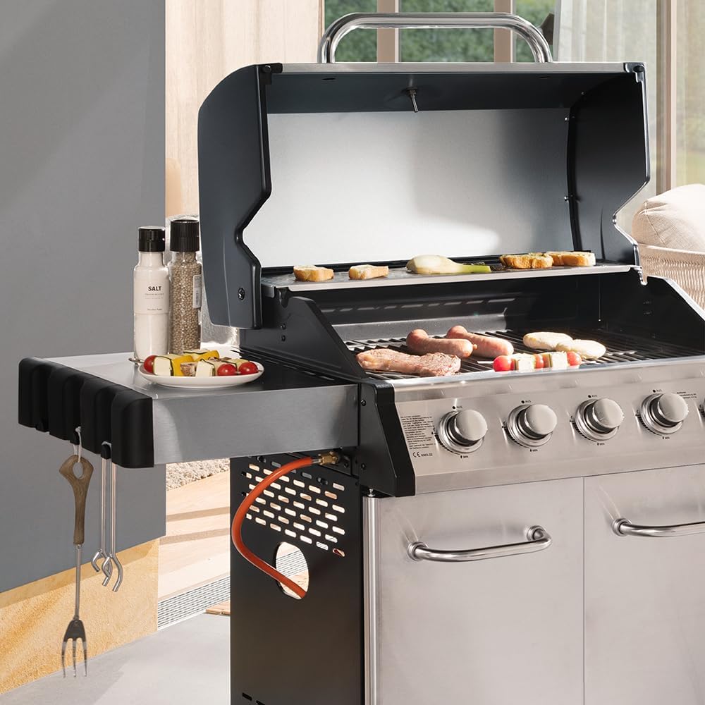 JUSTUS 5-Brenner Gasgrill Geras Grillwagen mit Edelstahl-Brenner – Grill mit Seitentischen und Guss-Grillrost, Piezozündung, 141 x 57 x 112 cm, Schwarz