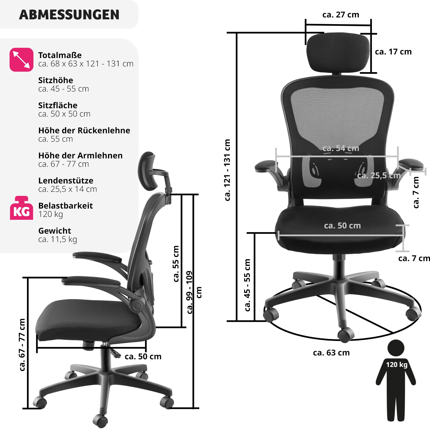 tectake® Bürostuhl, ergonomische Form mit verstellbarer Lordosenstütze und verstellbarer Kopfstütze, mit Netzstoffbezug, klappbare Armlehnen und Wippfunktion, stufenlos höhenverstellbar