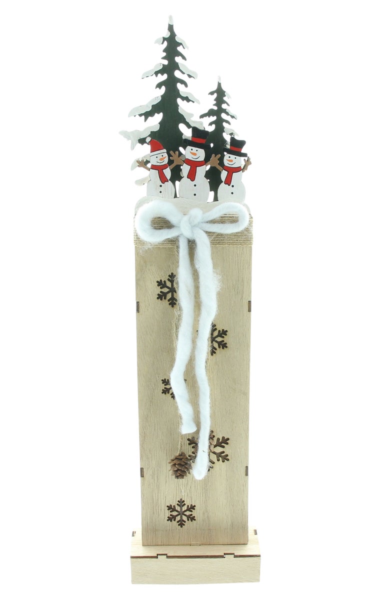 FRANK FLECHTWAREN | LED-zuil Sneeuwpoppen in het bos, 11 x 7 x 46 cm, HOUT, JUTE, WOL,