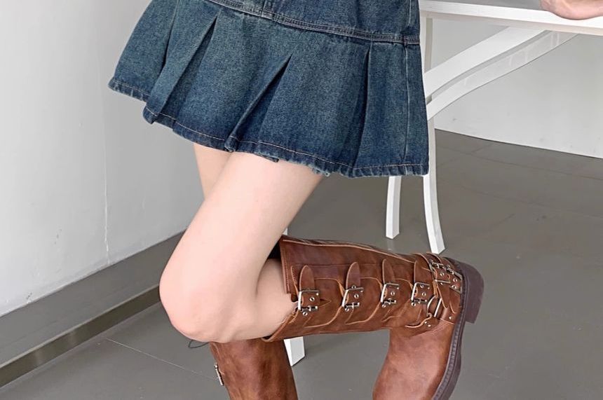 Girliepairs - Hoge taille gewassen geplooide mini A-lijn denim rok