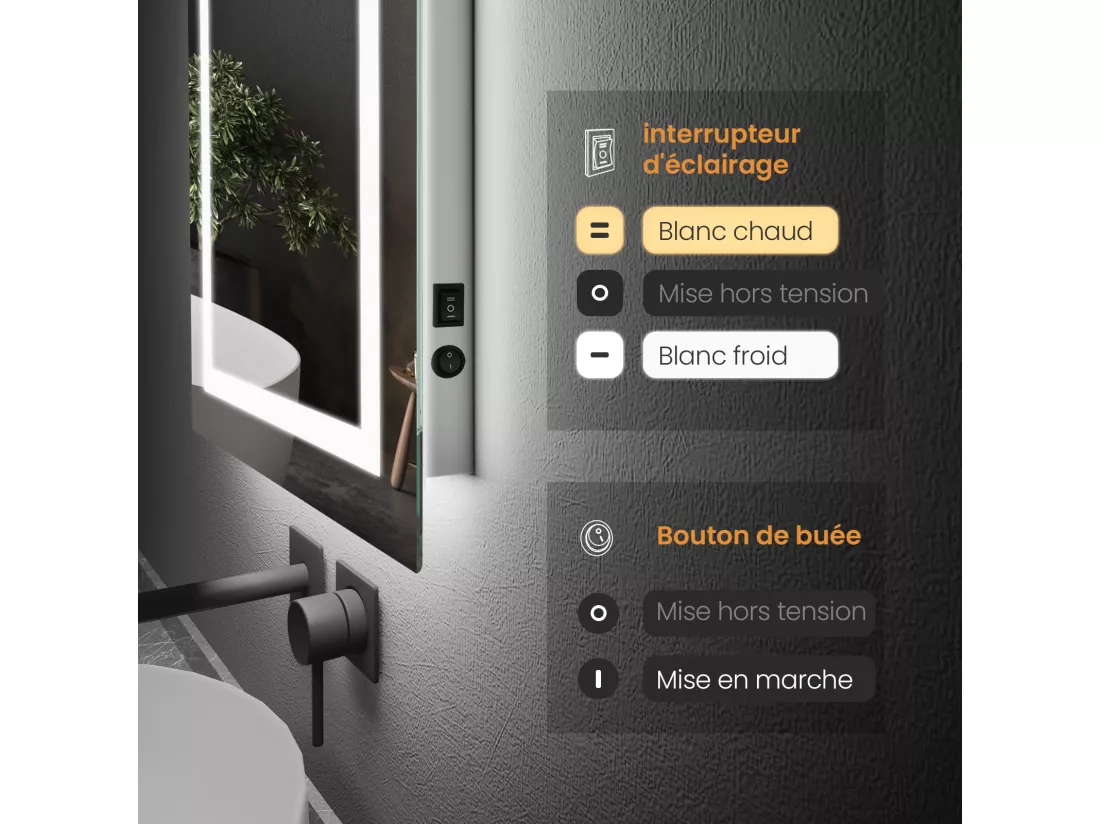 EMKE Miroir lumineux salle de bain 60x45cm, Miroir LED avec Interrupteur à bouton, Anti-buée, Miroir avec éclairage lumière Blanche Froide/Chaude