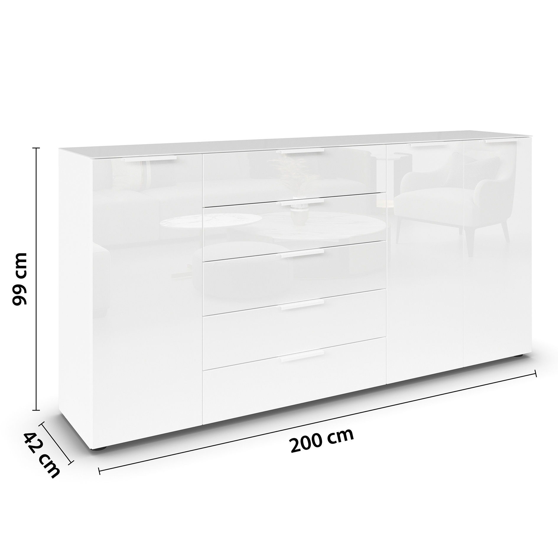 Kommode - alpinweiß-Kristallweißglas - weiße Griffe - 199 cm