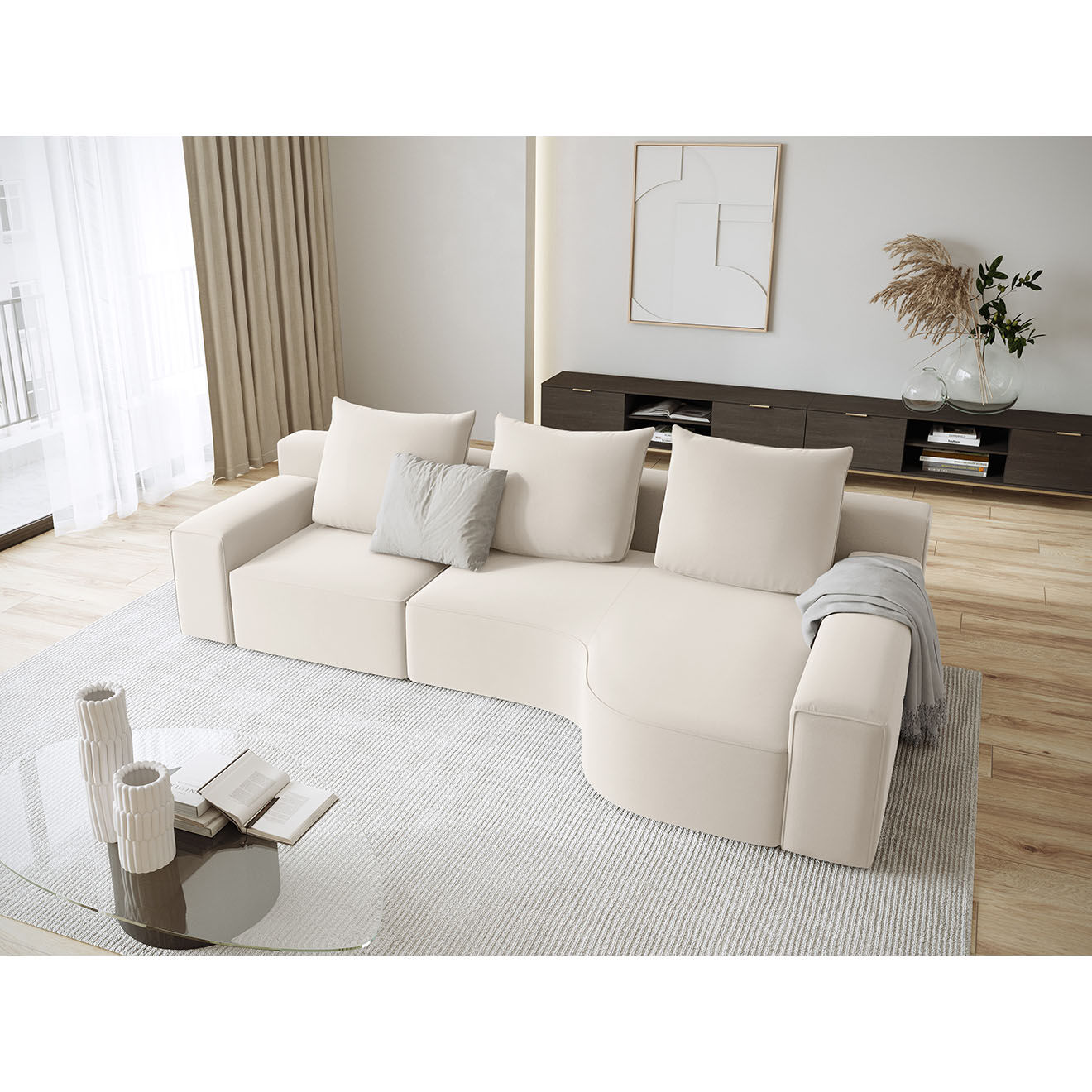 Mazzini Sofas Canapé d'angle Droit Velours Ivy 4 Places beige - 280x137x89 cm