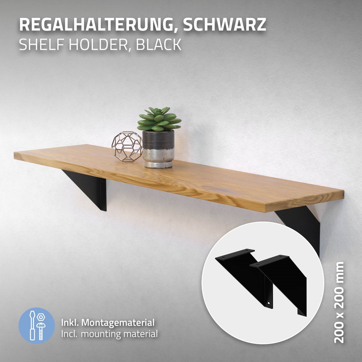 ML-Design 8-delige plankdragerset, 20 cm, zwart, metaal, driehoekige plankdragers, zwevende plankhoeken, wandmontage, 90° wandmontage, plankdrager, wandplank, wandconsole, hangende plank, plankdrager