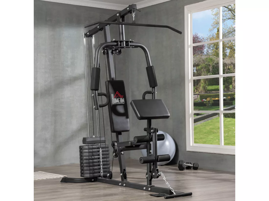 Station de musculation - entrainement complet - développé couché, butterfly, barre latissimus, curler, bande résistance - 9 contrepoids - acier noir
