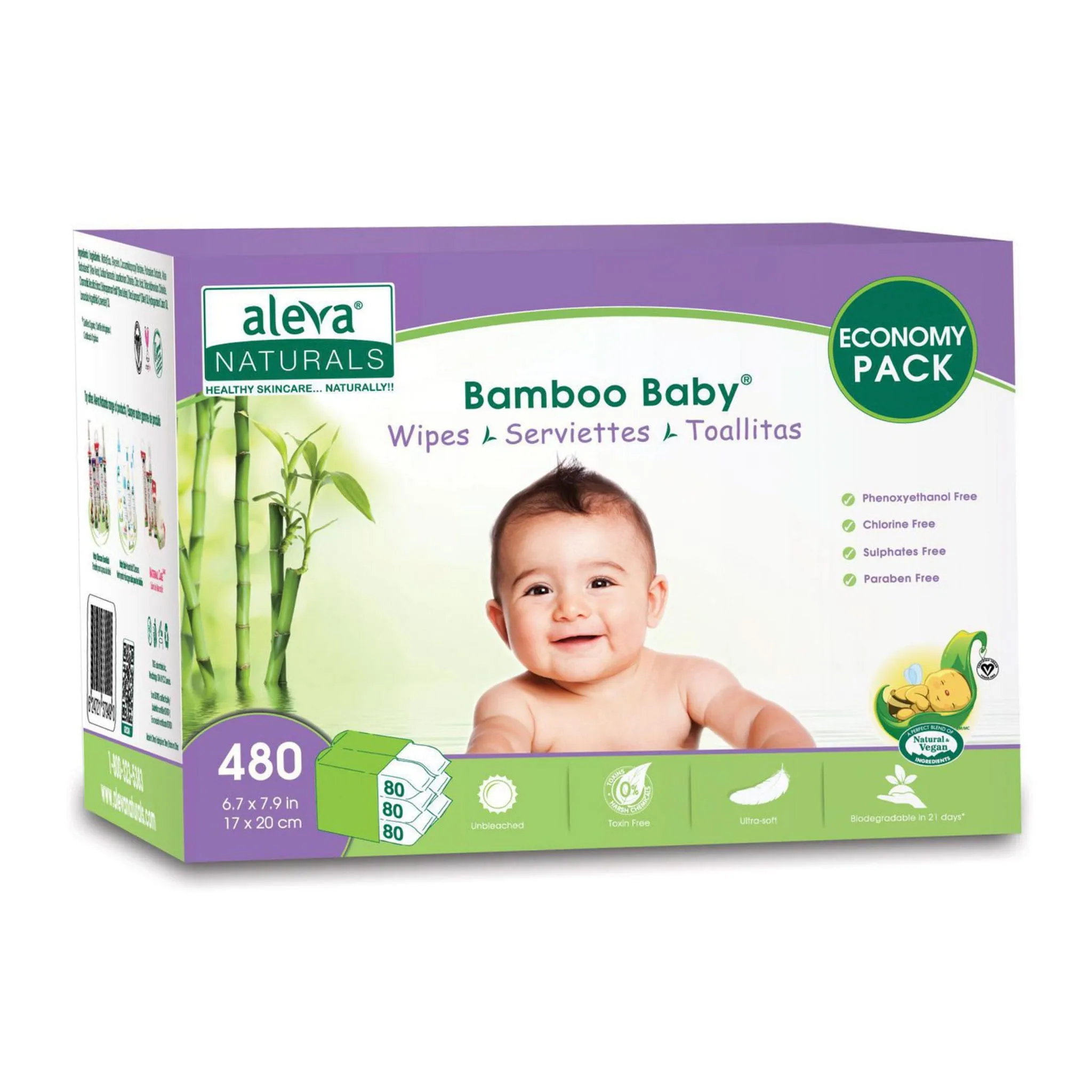 Aleva Naturals Serviettes Bamboo Baby - 6 paquets de 80 (480)