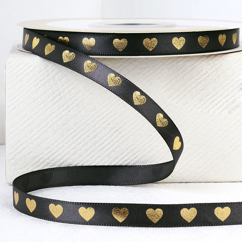 (1cmx35m) Geschenkband Satin Deko Band mit Herz Print - Schwarz