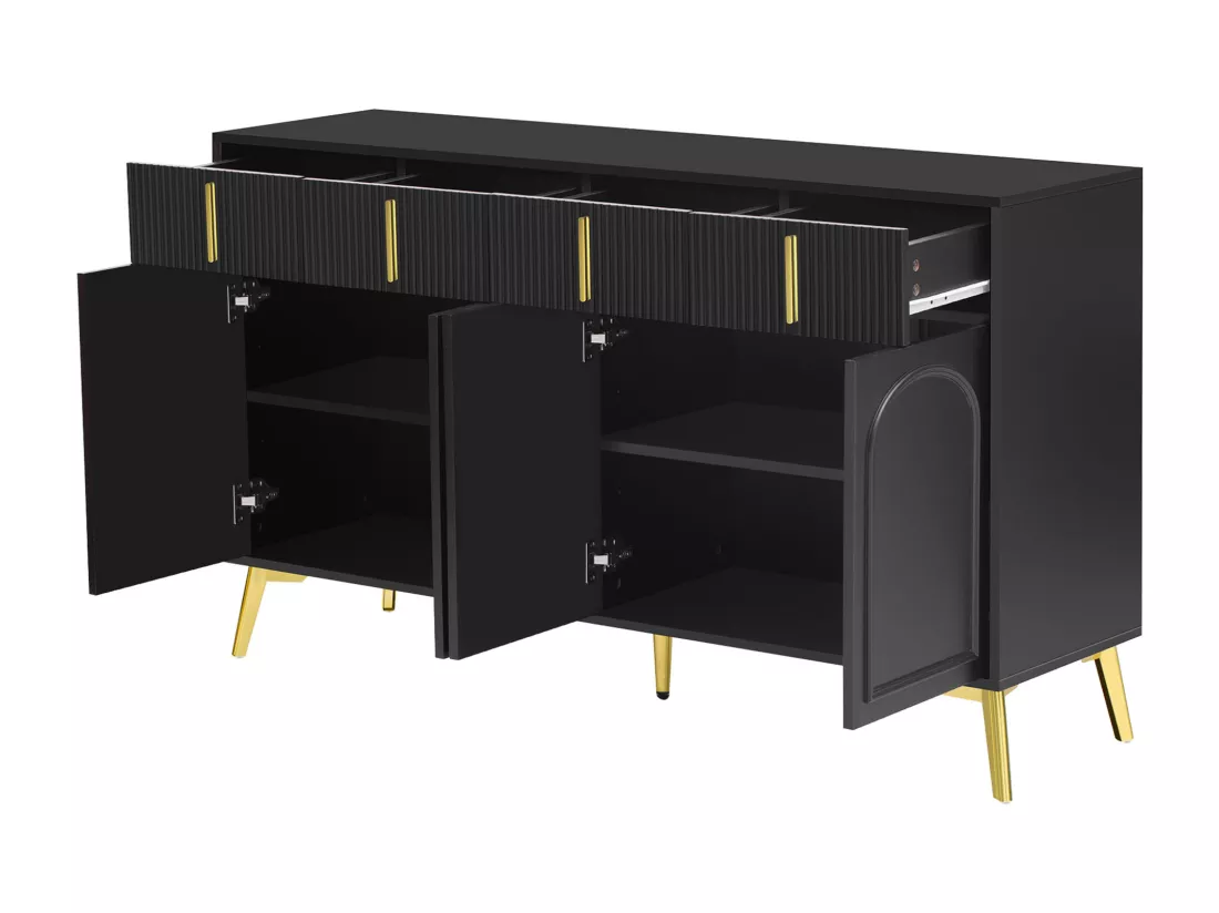 Buffet noir 4 portes 4 tiroirs avec poignées et pieds dorés 140*37,8*82cm CHADDANS