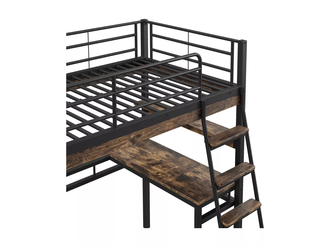 Lit mezzanine 90x200cm - avec bureau + étagères + barrières - Noir