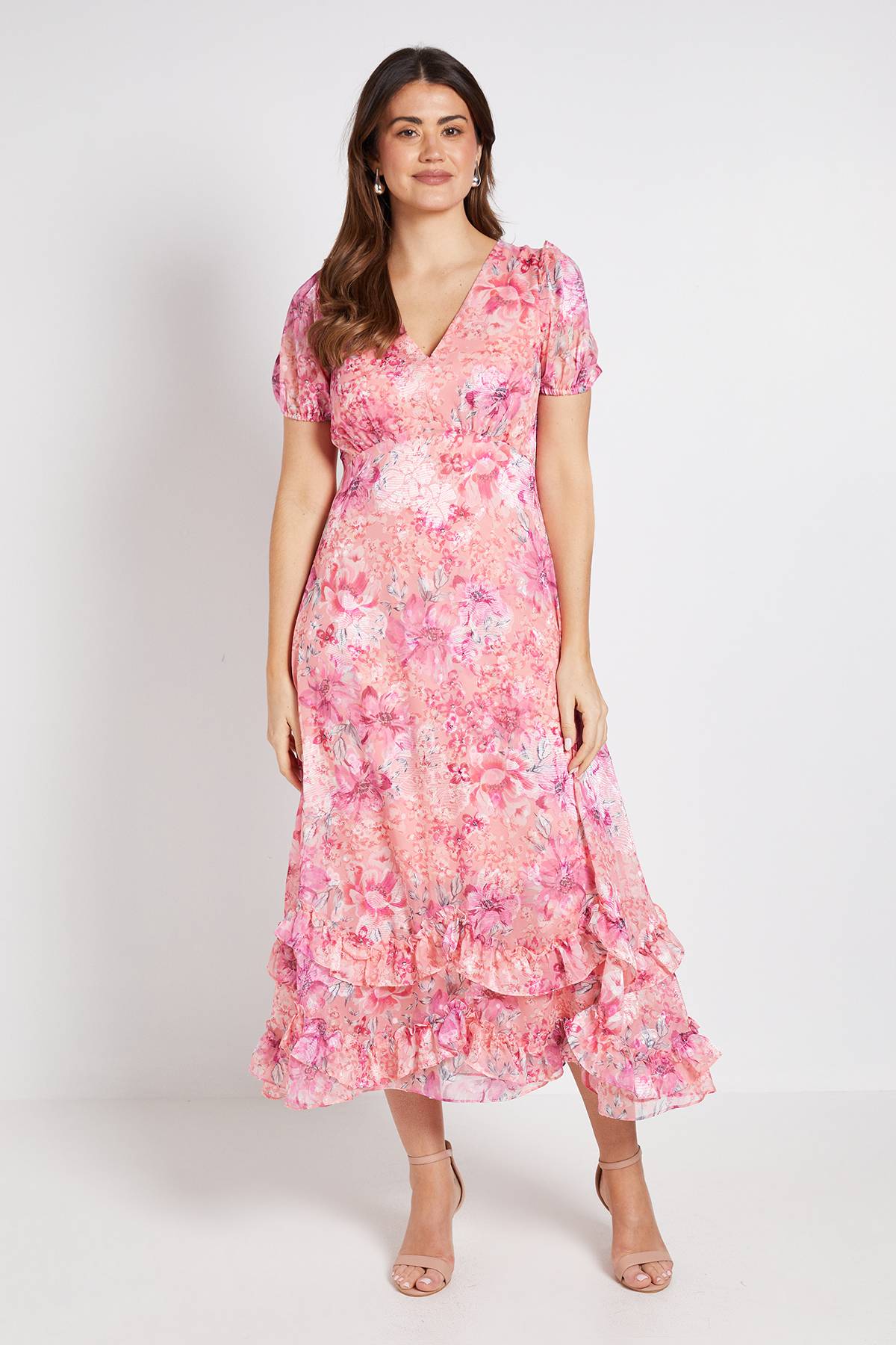 Wallis Robe Mi-longue En Satin Fleuri À Ourlet Volant