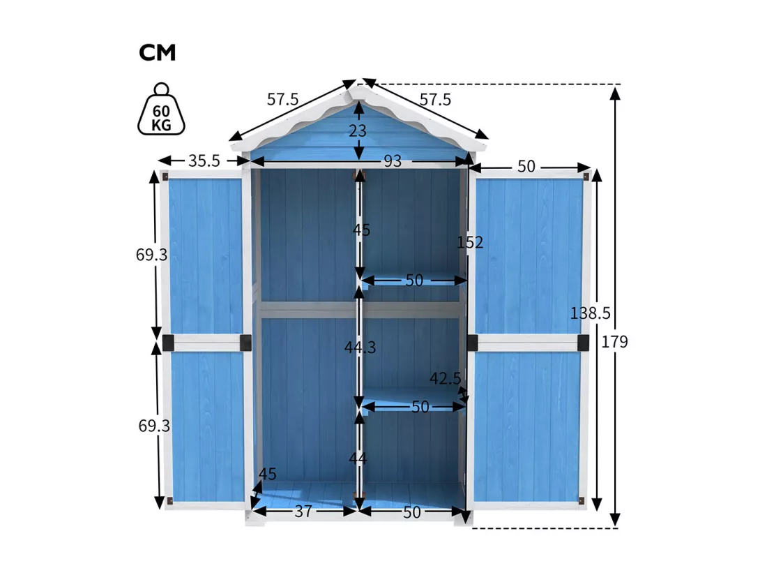 Abri de jardin en bois massif traité pour rangement extérieur résistant aux UV et intempéries sans entretien couleur bleu ardoise