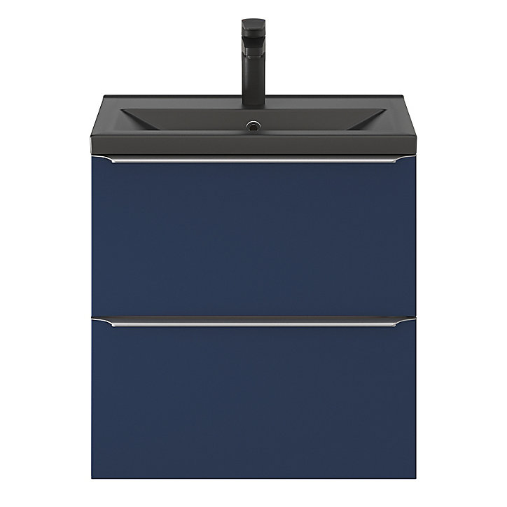 Ensemble salle de bains l.60 cm meuble à suspendre faible profondeur Imandra bleu nuit mat + plan vasque céramique noir
