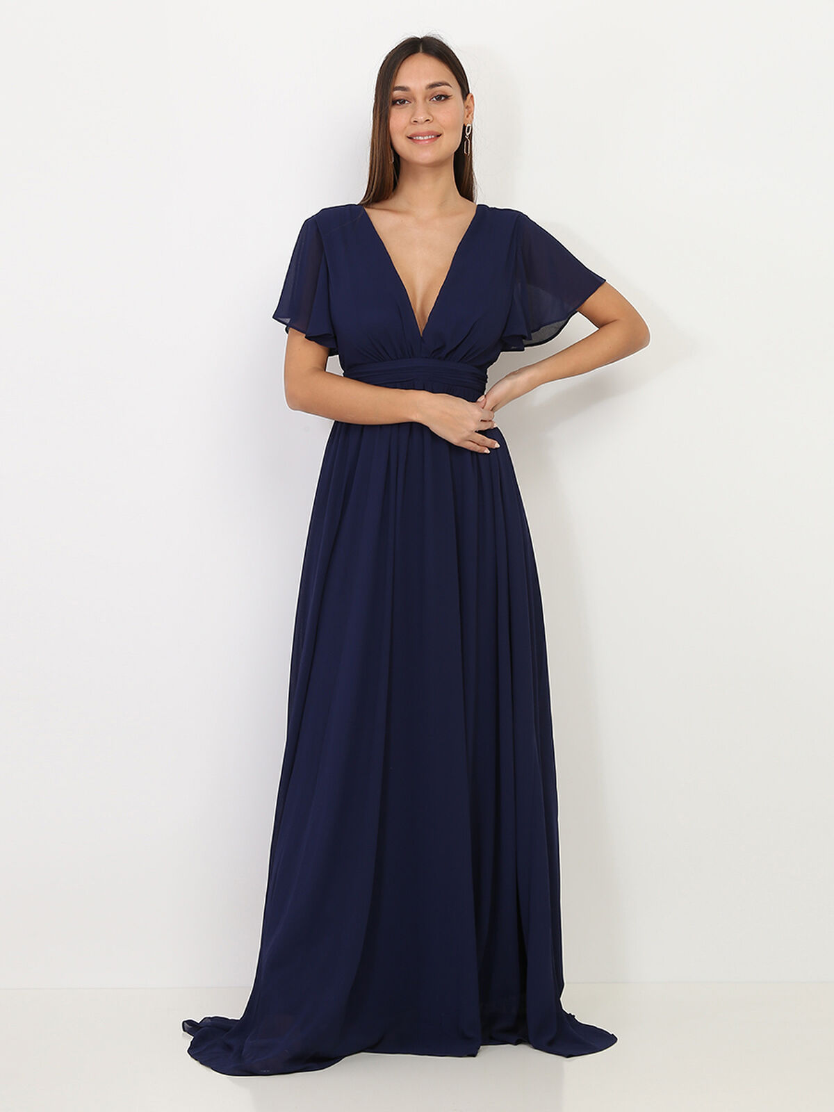 Robe longue à manches papillons- Bleu marine