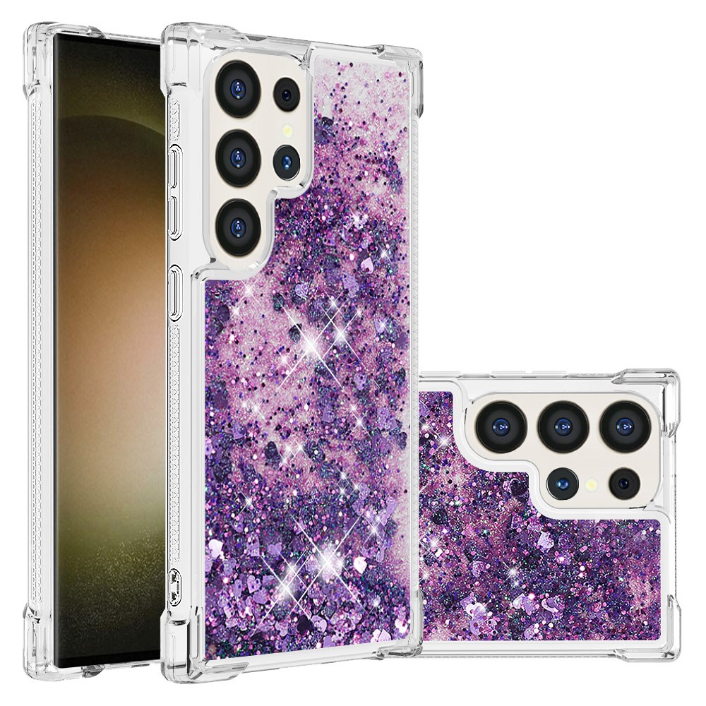 Samsung Galaxy S24 Ultra Hardcase Hülle mit Air Cushion Fallschutz Liquid Case Glitzer Herzen - Lila / Transparent