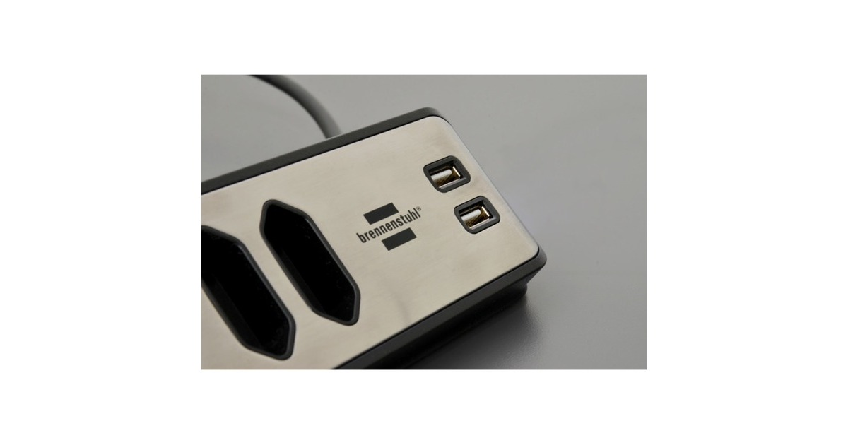 BrennenstuhlEstilo Hoekstekkerdoos 4-voudig stekkerdoos  (Zwart/roestvrij staal, 2x USB)