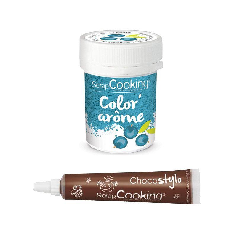 Colorant alimentaire bleu arôme myrtille + Stylo chocolat Scrapcooking