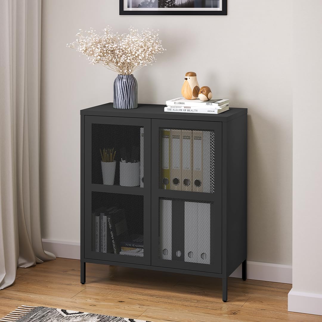 skølm Zephyr Metall Kommode – Sideboard mit 2 Fächern & flexiblen Einlegeboden – Mehrzweckschrank mit Push-to-Open-Türen – Metallschrank Schwarz – Industrial Highboard – Flurschrank mit Füßen