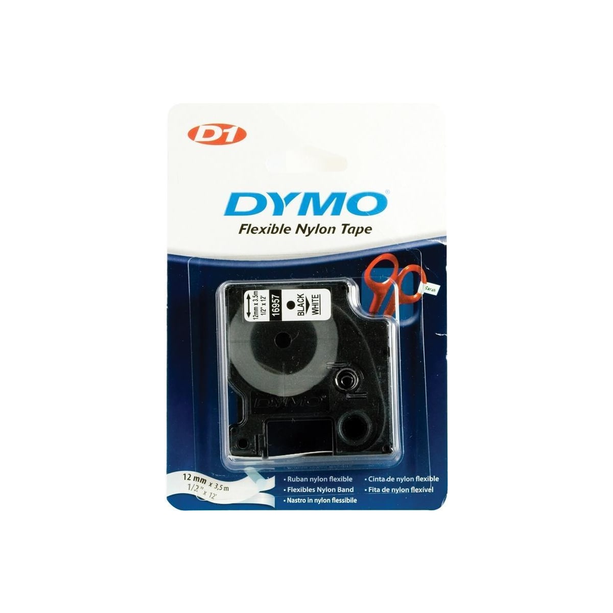 DYMO D1 märktejp flex nylon 12mm, svart på vitt, 3.5m rulle