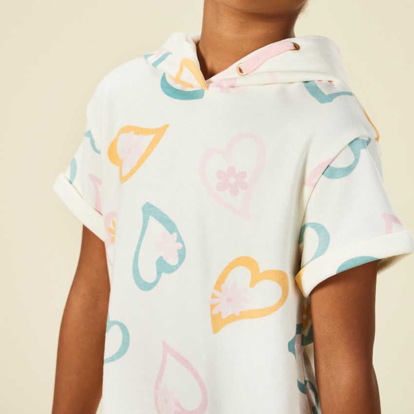 Robe sweat manches courtes imprimé cœurs pour fille - Ecru
