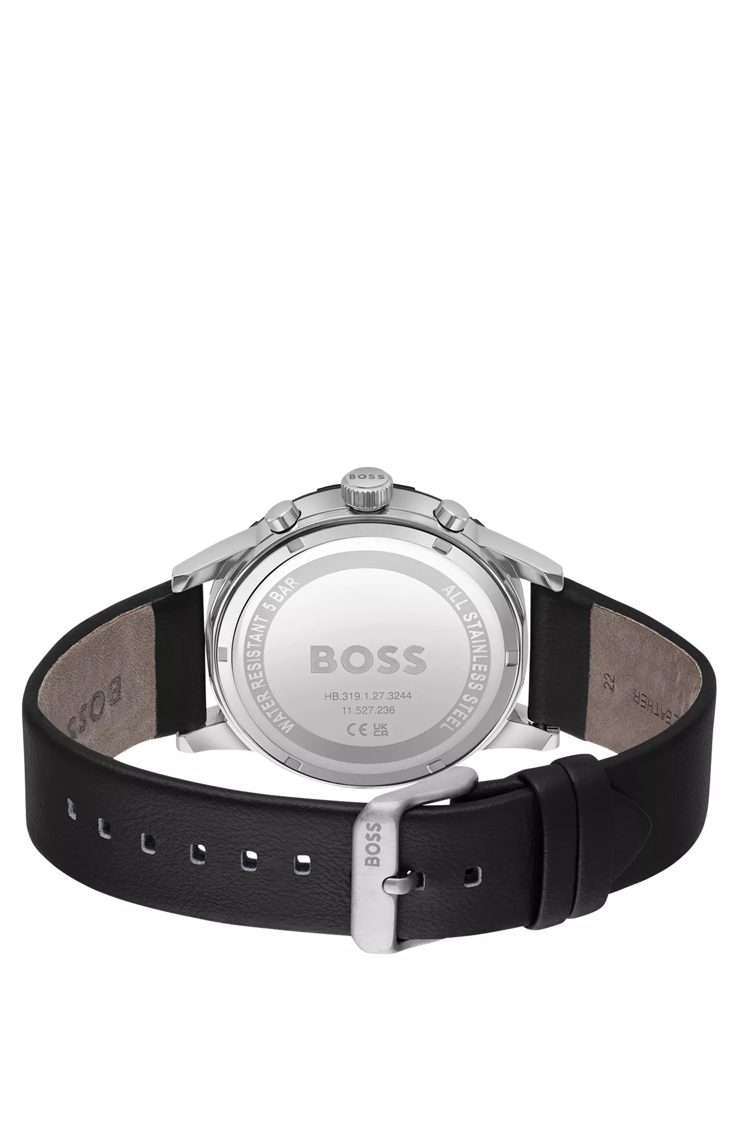 Relógio cronógrafo BOSS com mostrador preto e pulseira de couro preta.