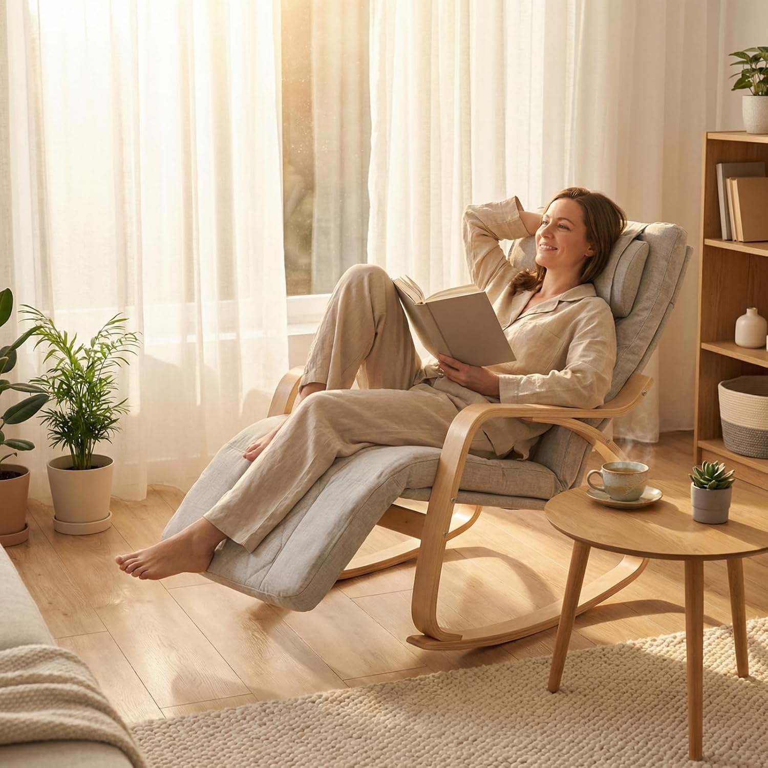 Massage Schaukelstuhl, Relaxsessel, Fernsehsessel mit 3 Zonen Massage, Massagesessel mit Waermefunktion verstellbare Kopfstuetzte und Fußstütze, Bezug abnehmbar 150kg belastbar, Beige