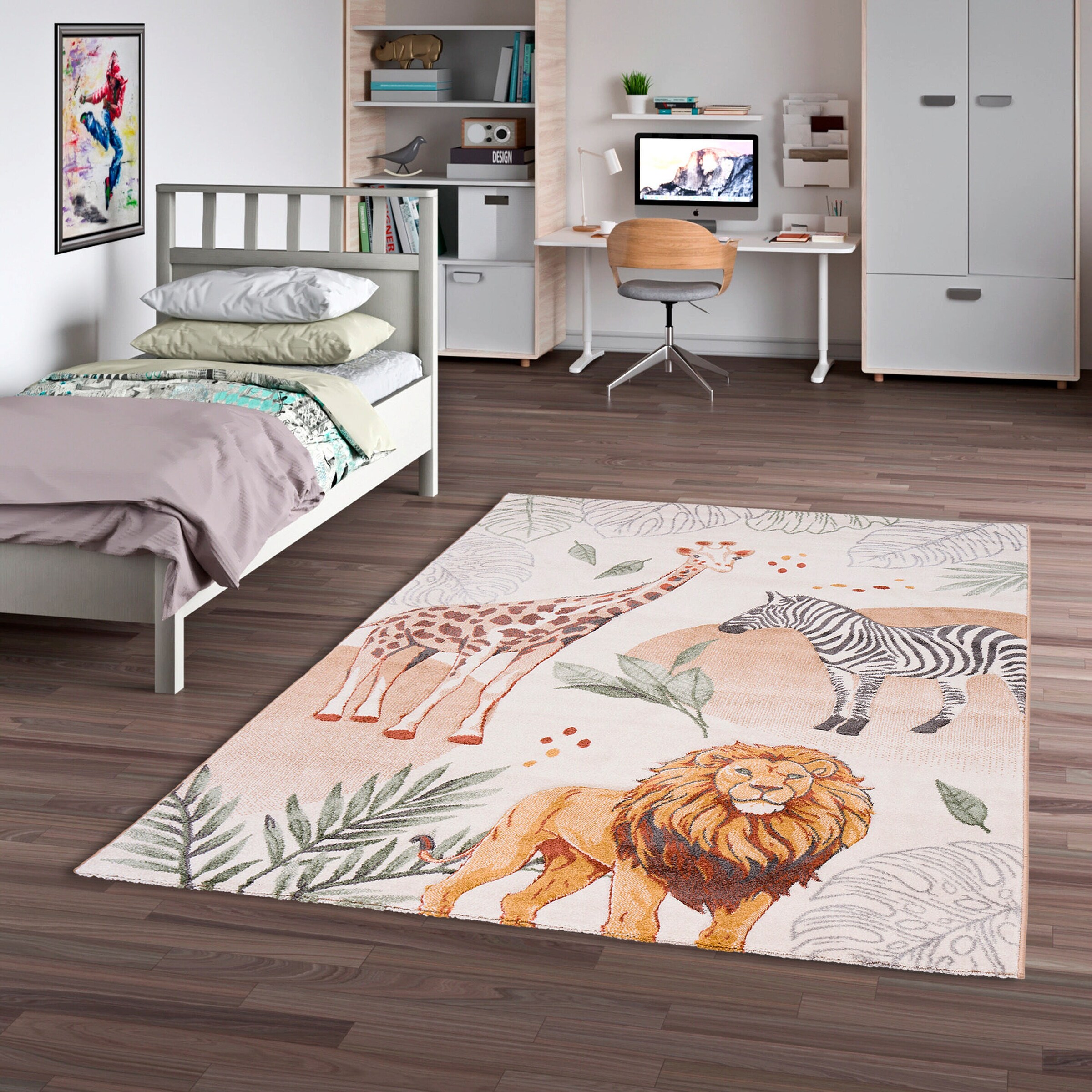 Pergamon Kinder Teppich Maui Kids Giraffe Zebra Löwe Bunt - 120x170 cm