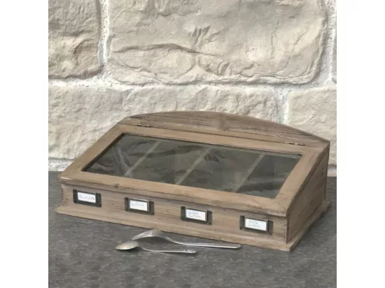Boîte à couvert rangement couverts vitrée cuisine bois marron 45cm