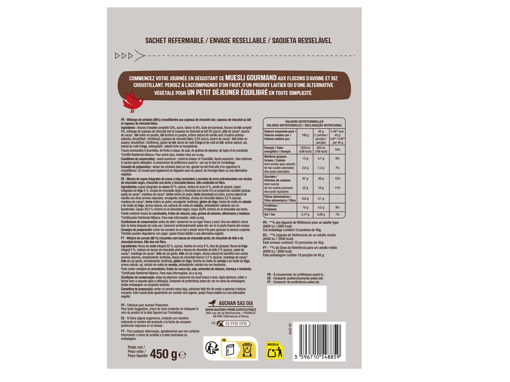 CEREAIS AUCHAN MUESLI 3 CHOCOLATES 450G