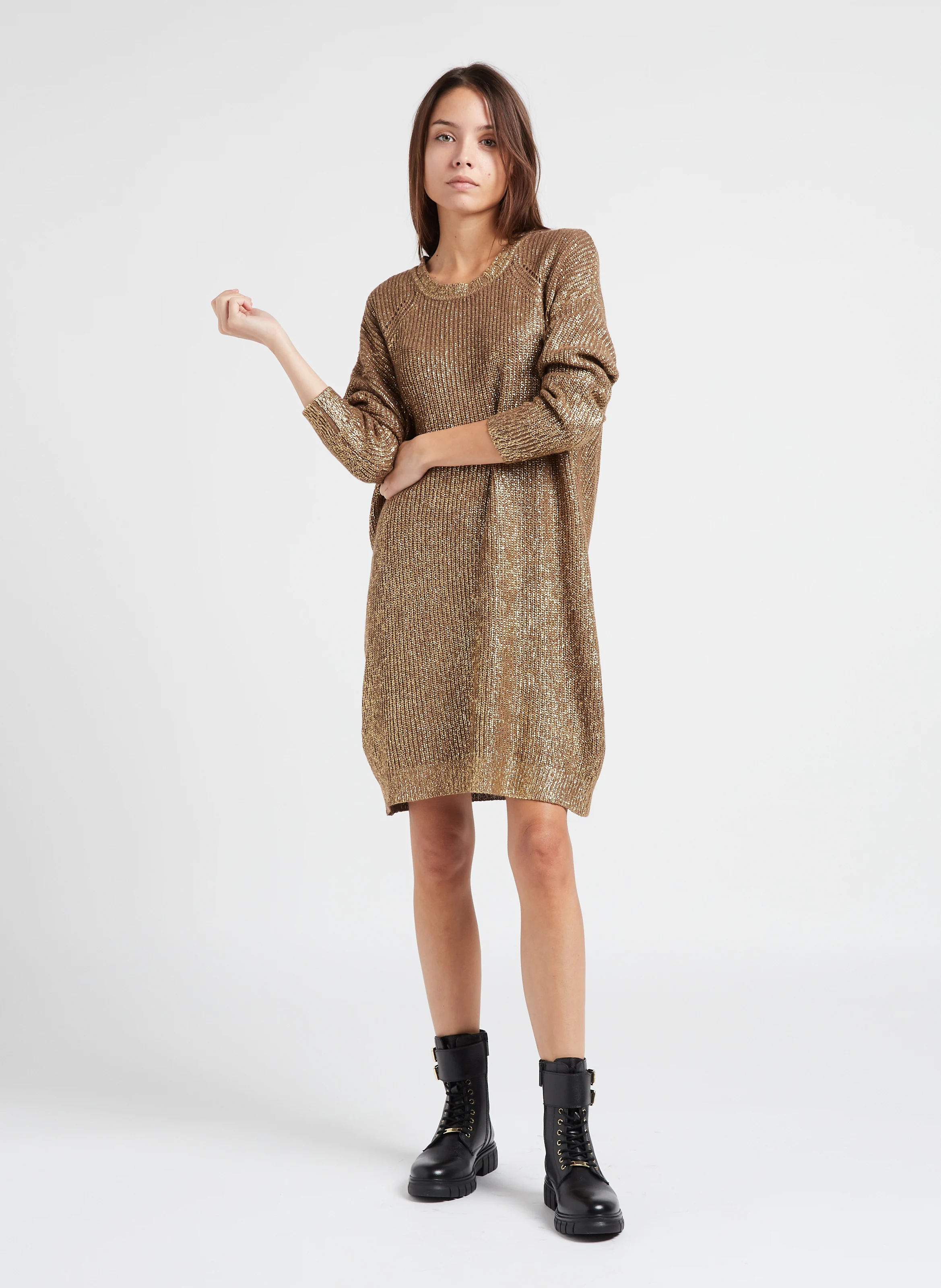 NAUTILUS - Robe courte col rond en maille | Marron