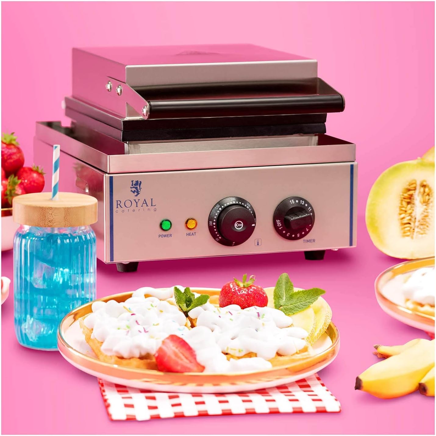 Royal Catering RCWM-1500-H Waffeleisen Waffelgerät Waffelautomat Waffle Maker (herzförmig, 1.500 W, Ø 21 cm, 15 min Timer, Teflon, Edelstahlgehäuse)