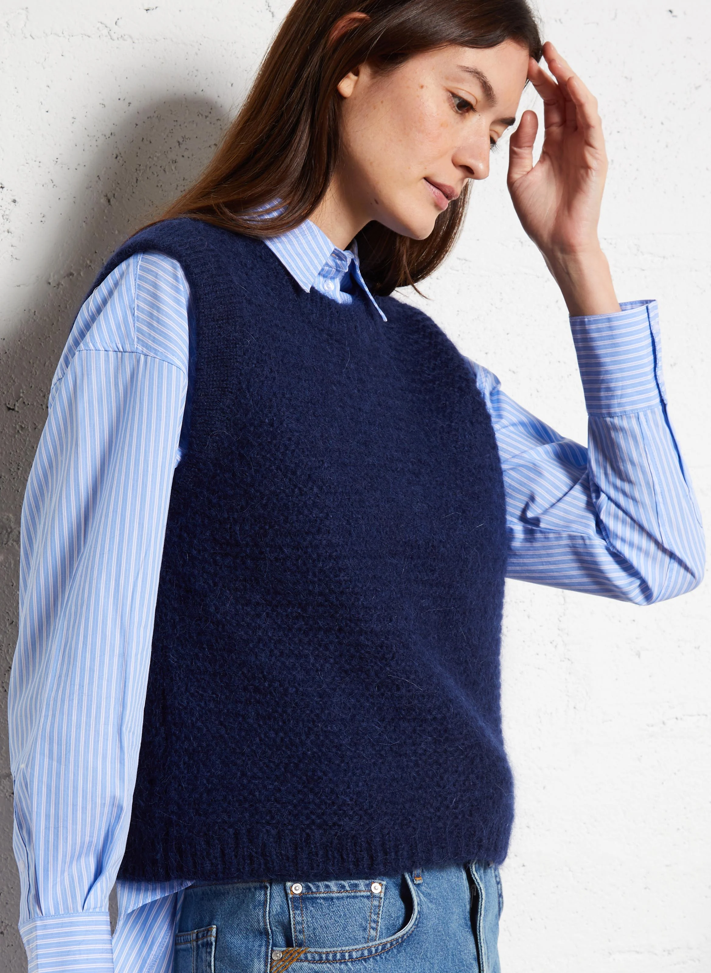 MOTANA - Pull sans manches col rond en laine mélangée | Bleu