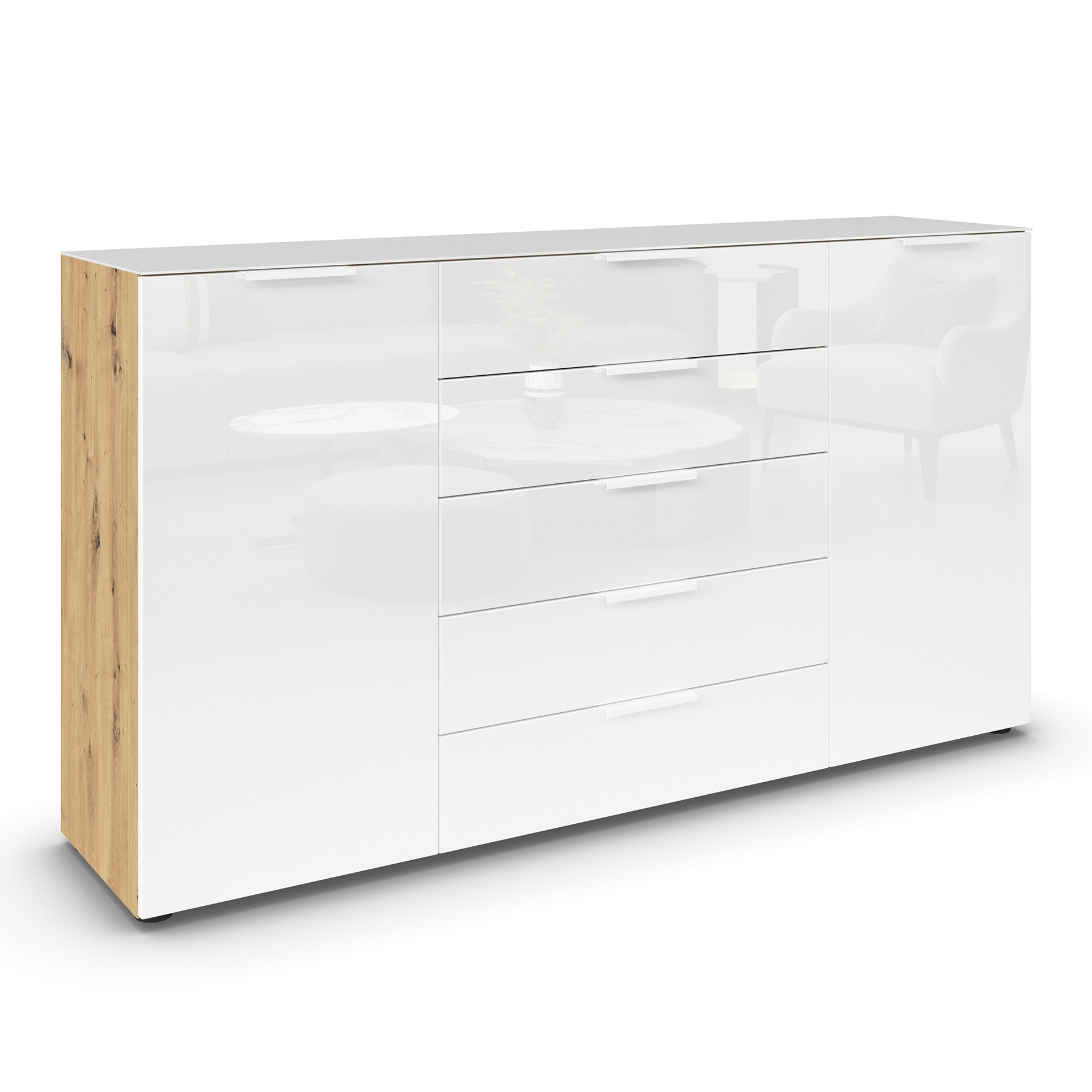 Kommode - Artisan Eiche-Kristallweißglas - weiße Griffe - 180 cm