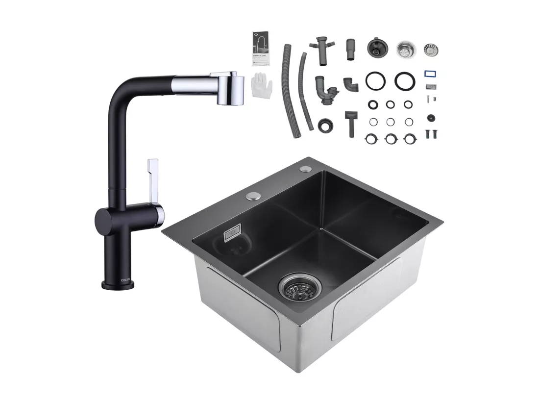 Cecipa max 2 en 1 Évier de Cuisine Inox 1 Bac Noir gris 50 x 45 x 18.5 cm + Robinet de Cuisine Extractible avec 2 modes de sortie d'eau